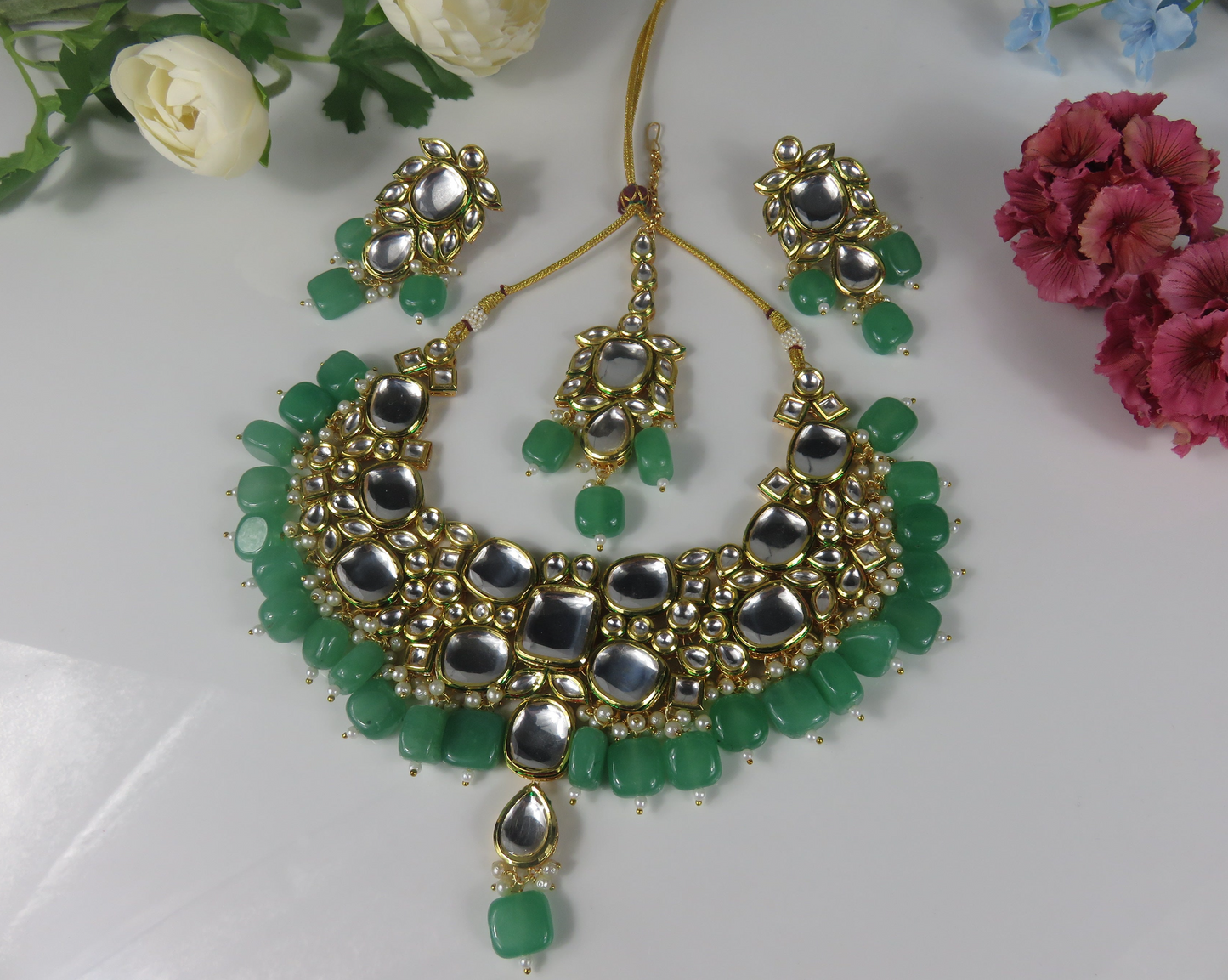 Meena Kari Kundan Party Necklace Set Green and Gold