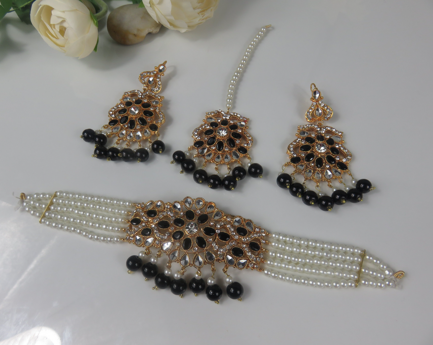 Black and Gold Pearl Choker Necklace Set