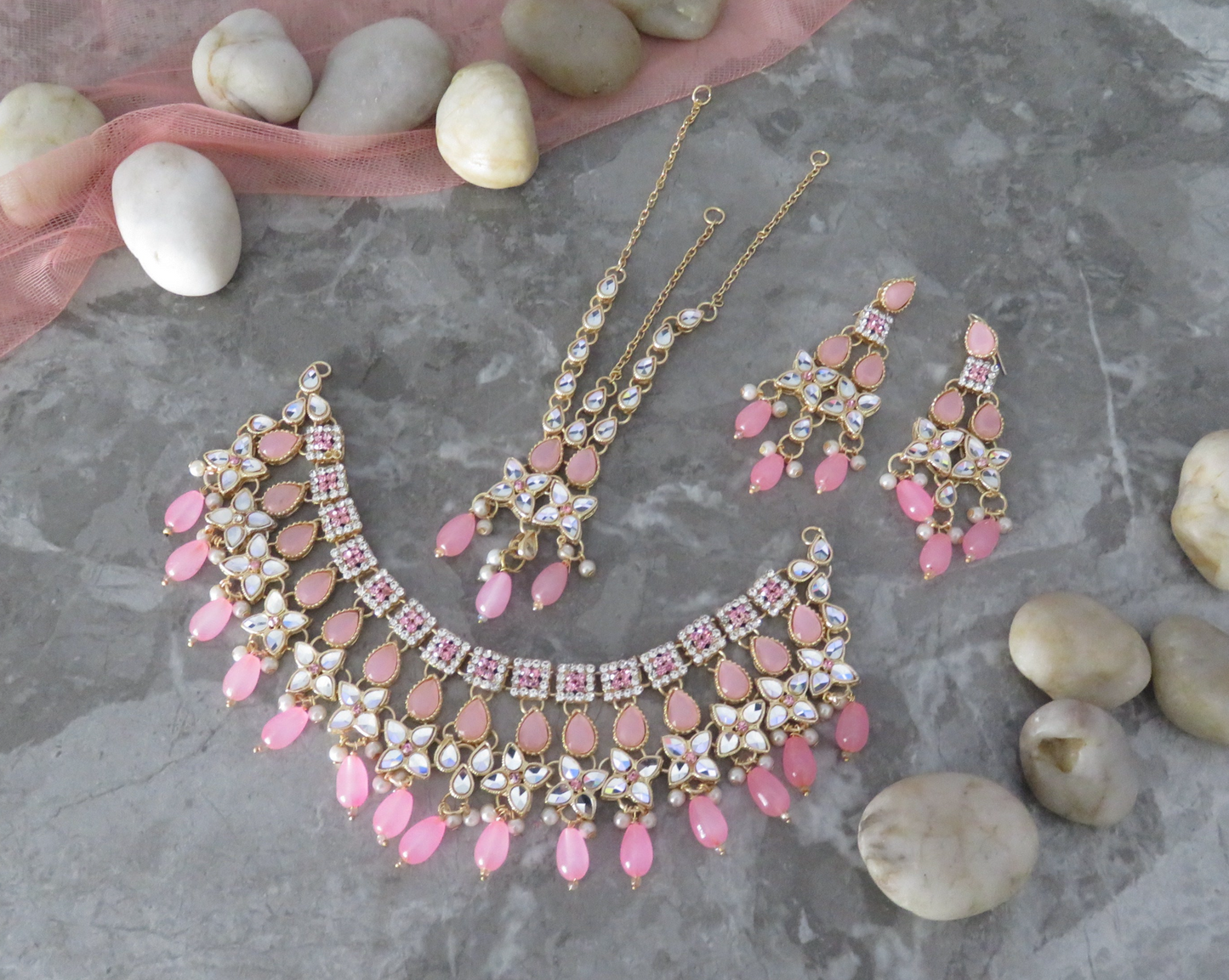 Baby Pink and Gold Pearl Necklace Set