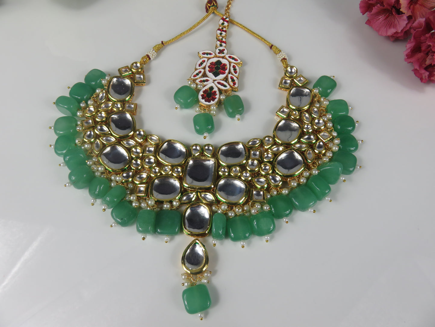 Meena Kari Kundan Party Necklace Set Green and Gold