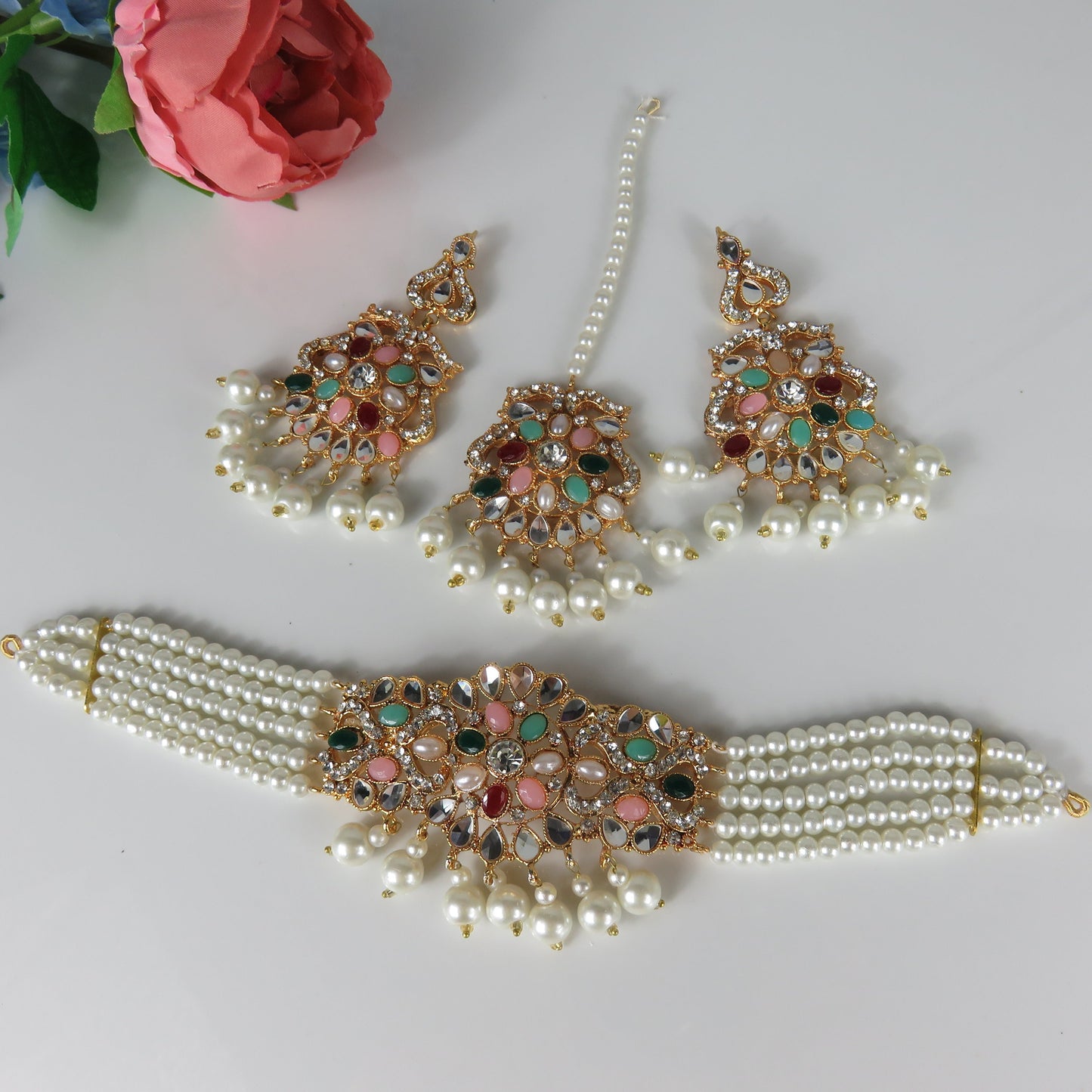 Multi Pearl Choker Necklace Set