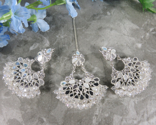 Silver Mirror Tikka Earring Set