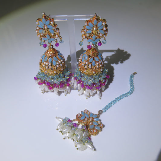 Pink and Blue Tikka Earring