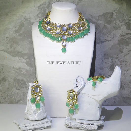 Meena Kari Kundan Party Necklace Set Green and Gold
